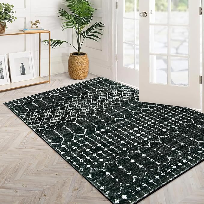 Lahome Moroccan Black Rug for Bedroom Washable Area Rugs 4x6 Non-Slip Ultra-Thin Living Room Carpet Stain Resistant Throw Entryway Indoor Mat, Geometric Print Modren Carpet Rug for Office Kitchen