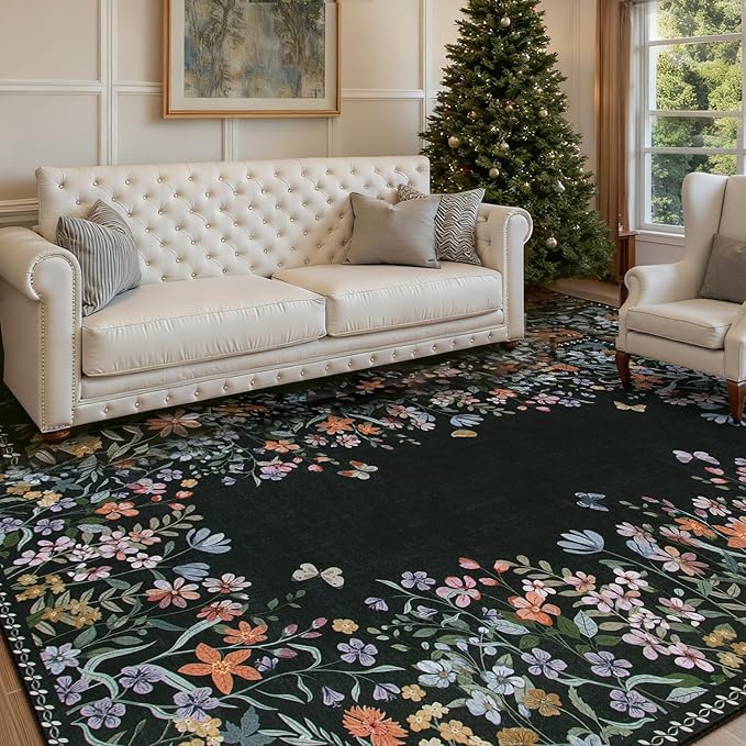 Wonnitar Washable 4x6 Rug, Black Floral Print Area Rugs for Living Room, Non-Slip Soft Rug for Bedroom, Vintage Low Pile Dining Room, Botanical Carpet for Bedside Mud Room (Black,4'x6')