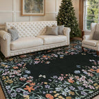 Wonnitar Washable 6x9 Area Rugs, Floral Print Large Living Room Rug, Non-Slip Soft Black Rugs for Bedroom, Ultra-Thin Vintage Botanical Rugs Carpet for Dining Room Guest Room (Black,6'x9')