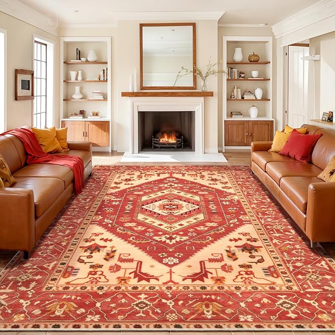 SERISSA 9x12 Area Rugs for Living Room, Large Washable Non-Slip Boho Rug, Ultra Soft Vintage Red Beige Oriental Tribal Print Distressed Carpet for Dining Room Bedroom Dorm Office Home Decor