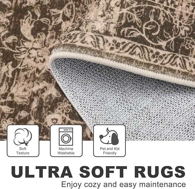 KILOCOCO Hallway Runner 2x5 Kitchen Runner Rug Printed Vintage Floral Washable Non-Slip Runners for Hallways Laundry Room Rugs Distressed Boho Rug Runners for Bedroom, Rust Brown Red