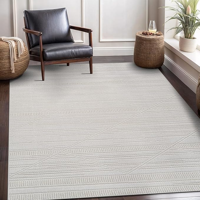 CAMILSON Micro Loop Rug 5x7 Modern Luxury Geometric Pattern Area Rugs Soft High and Low Pile Stain Resistant Easy-Cleaning Non-Shedding for Living Room Office Indoor Carpet (5 x 7 / White)