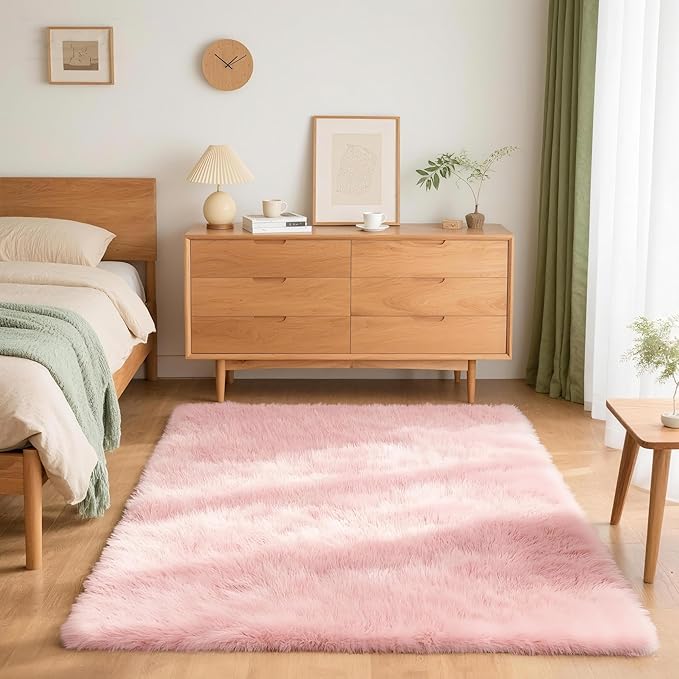 4x6 Solid Fluffy Pink Area Rug – Washable, Durable, Living Room Rug, Non-Slip High Pile Shag Rugs for Bedroom, Living Room, Bedside, Dorms, Nursery Rooms, Kids Room, Soft Indoor Floor Carpet