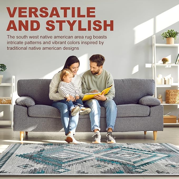YHSF South West Native American Rug Ritz – Native Tribal American Indian Inspired Rug - Living Room, Bedroom, Hallway, Entryway & High-Traffic Area Rugs - Washable - Soft - Steel, 5 Feet x 7 Feet