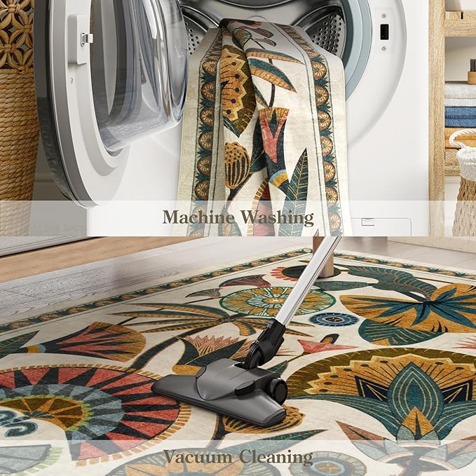 Egypt Floral Washable Area Rugs for Living Room 5x7 Boho Large Vintage Beige Bedroom Dining Room Rug,Non Slip Soft Throw Carpet for Entryway Kitchen Office Hardwood Playroom (5 x 7)