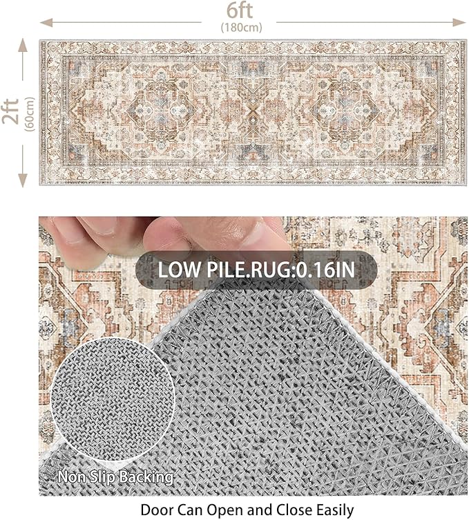 Enkor Runner Rugs for Hallway, 2x6 Washable Soft Non Slip Floor Rugs for Kitchen, Modern Mat for Living Room Bedroom Entryway Beige & Brown