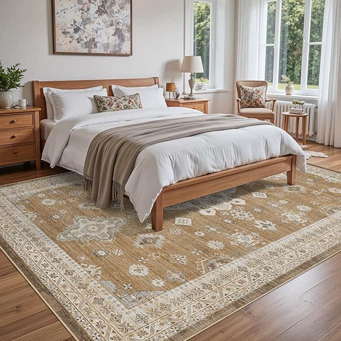 DEXI 5x8 Area Rug for Living Room, Washable Vintage Farmhouse Thin Rug Indoor Floor, Non Slip Stain Resistant Low Pile Carpet for Dining Room Bedroom Office, Light Brown