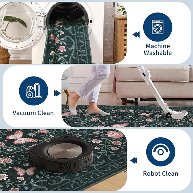 GarveeHome Washable Runner Rug 2x6 Non Slip Hallway Runners Stain Resistant Low Pile Floral Runner Rugs for Kitchen Soft Long Entryway Runner Rugs Black Boho Throw Carpet for Bedroom Nursery, 2x6