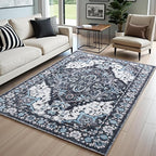 Area Rug for Living Room, 6x9 Machine Washable Non Slip Large Faux Wool Throw Rug, 0.3″ Low Pile & Non-Shedding Boho Large Carpet Rugs for for Dining Room, Bedroom, Office (Black)