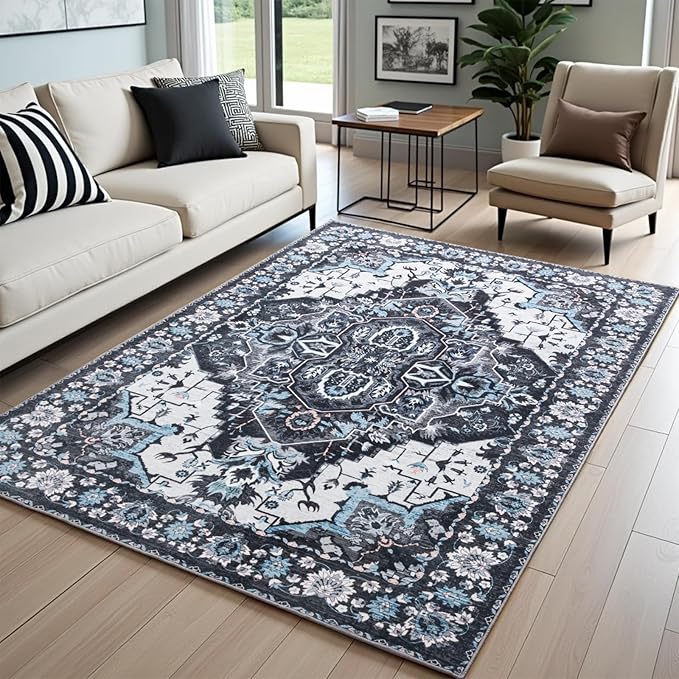 8x10 Area Rugs for Living Room, Machine Washable Non-Slip Low Pile Faux Wool Boho Vintage Carpet, Non-Shedding Large Rug for Bedroom Dining Room Office, Black