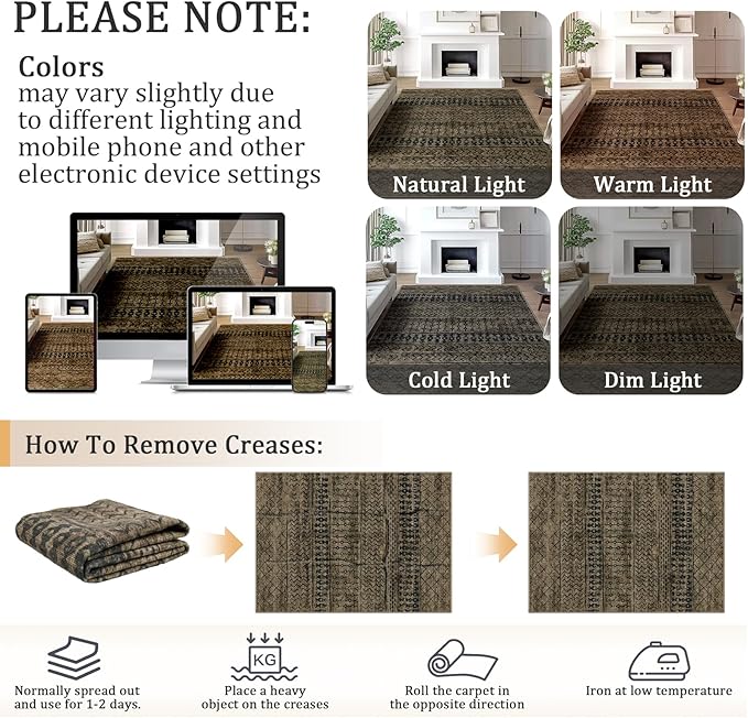 5x7 Machine Washable Area Rug for Living Room, Brown Black Vintage Moroccan Rug Large Non-Slip Low Pile Soft Faux Wool Carpet, Kids and Pets Friendly for Bedroom Dining Room Farmhouse Home Decor Rug