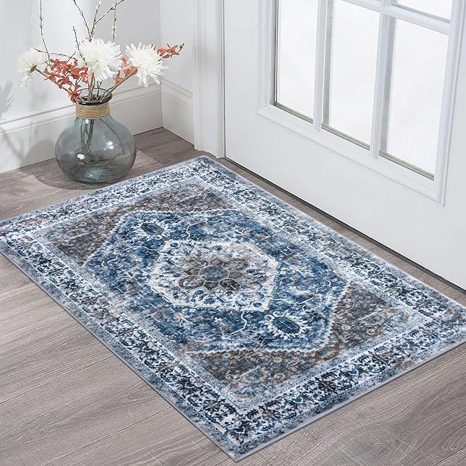KOZYFLY Small Area Rug 2x3 Ft Rugs for Entryway Washable Boho Entry Rug Non Slip Door Mat Indoor Entrance Blue Printed Faux Wool Vintage Printed Kitchen Rug Throw Rugs for Entrance Kitchen Bathroom