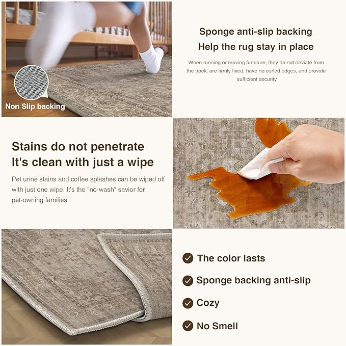 HUGEAR Washable 8x10 Area Rugs Retro Brown Living Room Bedroom Rug Vintage Distressed Non Slip Stain Resistant Low Pile Neutral Throw Carpet for Home Decor