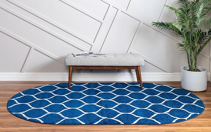 Rugs.com Lattice Frieze Collection Rug – 4' x 6' Oval Navy Blue Medium Rug Perfect for Living Rooms, Large Dining Rooms, Open Floorplans