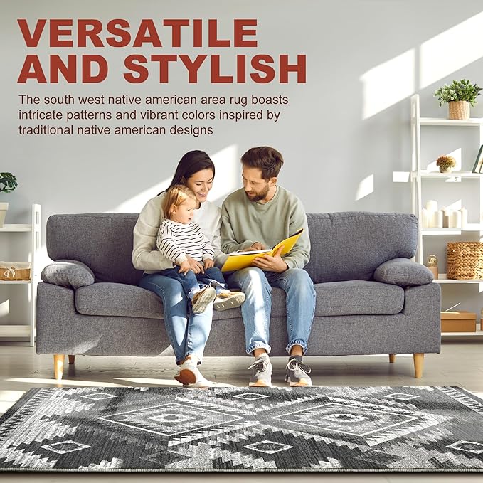 YHSF South West Native American Rug Ritz – Native Tribal American Indian Inspired Rug - Living Room, Bedroom, Hallway, Entryway & High-Traffic Area Rugs - Washable - Soft - Dark Grey, 5 Feet x 7 Feet