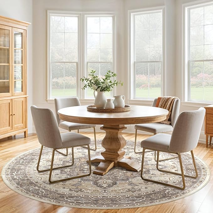 Round Rug Living Room Rugs: 10x10 Washable Boho Neutral Large Circle Soft Indoor Floral Stain Resistant Floor Farmhouse Carpet for Bedroom Nursery Kids Playroom Office Dining Room- Beige Brown