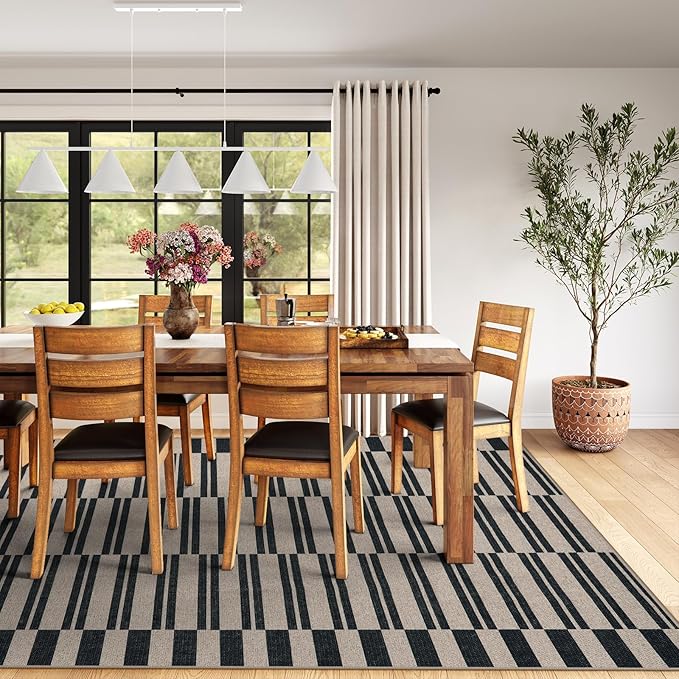 Lahome Striped Easy Jute Rug, 5x7 Outdoor Patio Rug Neutral Dining Room Rug Indoor Outdoor Carpet, Farmhouse Washable Non Slip Black Carpet for Backyard Living Room Office Deck
