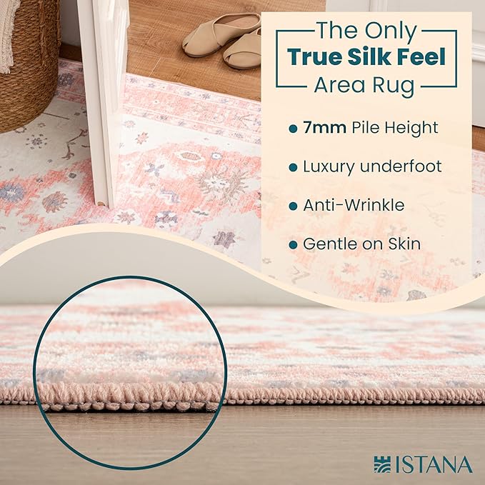 Istana Hallway Runner Rug 2x6 - Pink Kitchen Rugs Non Slip Washable -Silk's Soft Touch Carpet Runner - Stylish Rug Runner for Home