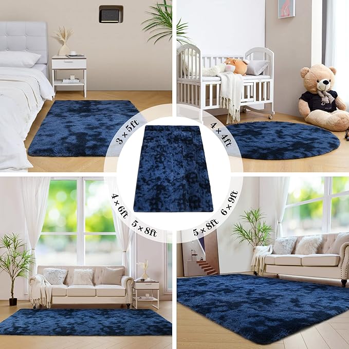 duduta 6x9 ft Navy Blue Rectangle Fluffy Rug, Tie-Dyed Shag Fuzzy Plush Rectangle Carpet for Bedroom Nursery Living Room Home Decor