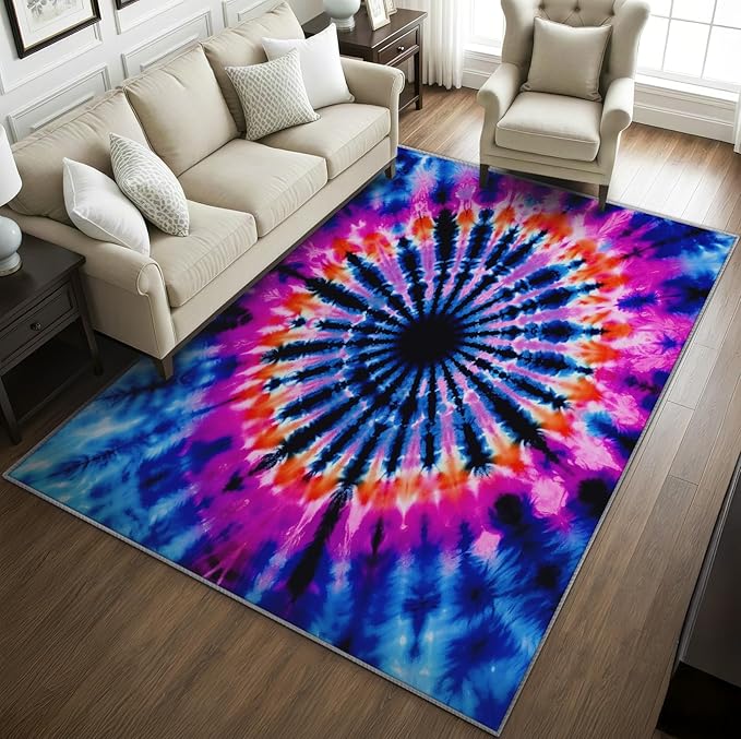 Tie Dye Rugs for Bedroom -Mandala Hippie Rug, 3x4 ft, Colorful Psychedelic Area Rugs for Bedroom, Blue and Pink Abstract Washable Carpet for Entryway, Kitchen, Multicolor Tie Dye Decor & Gifts