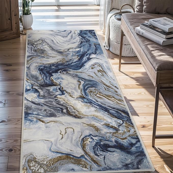2x8 Runner Rug for Hallways Kitchen Modern Abstract Washable Runner Rug Soft Non Slip Marble Carpet Runner for Laundry Entryway Bedroom Bathroom