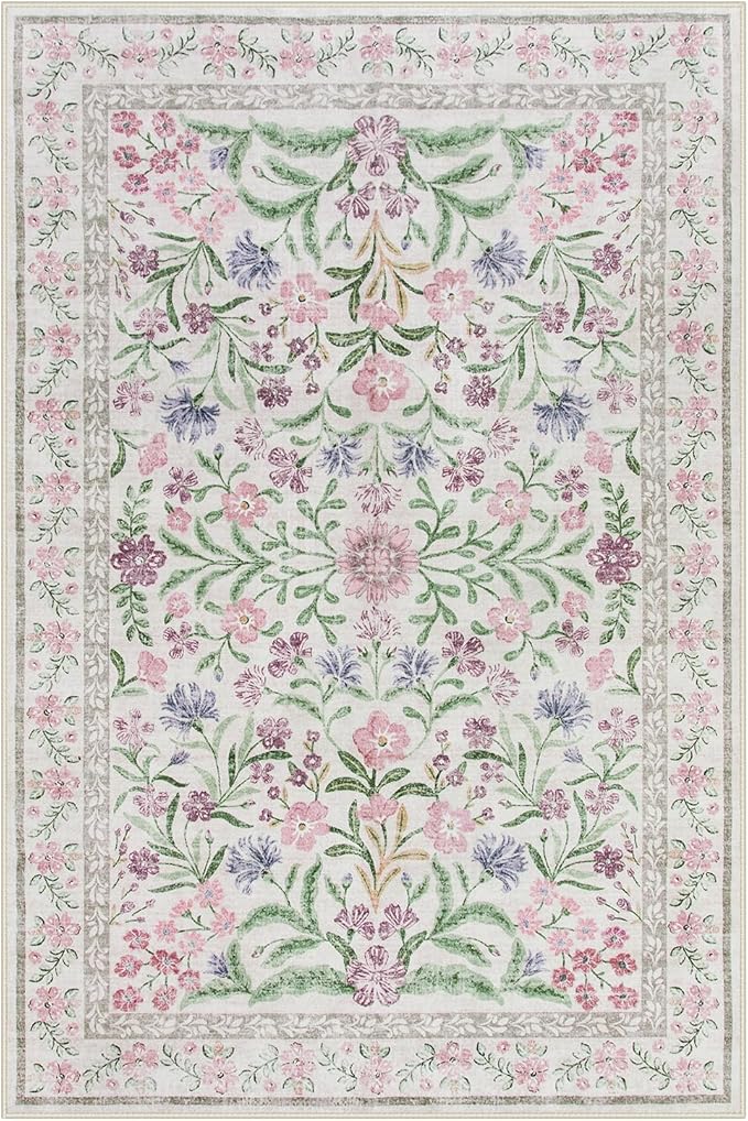 Wonnitar Boho Floral Area Rug 6x9, Washable Purple Rugs for Bedroom Girls, Non Slip Ultra-Thin Soft Indoor Baby Carpet for Nursery Dorm Kids Room Living Room, Light Purple/Pink