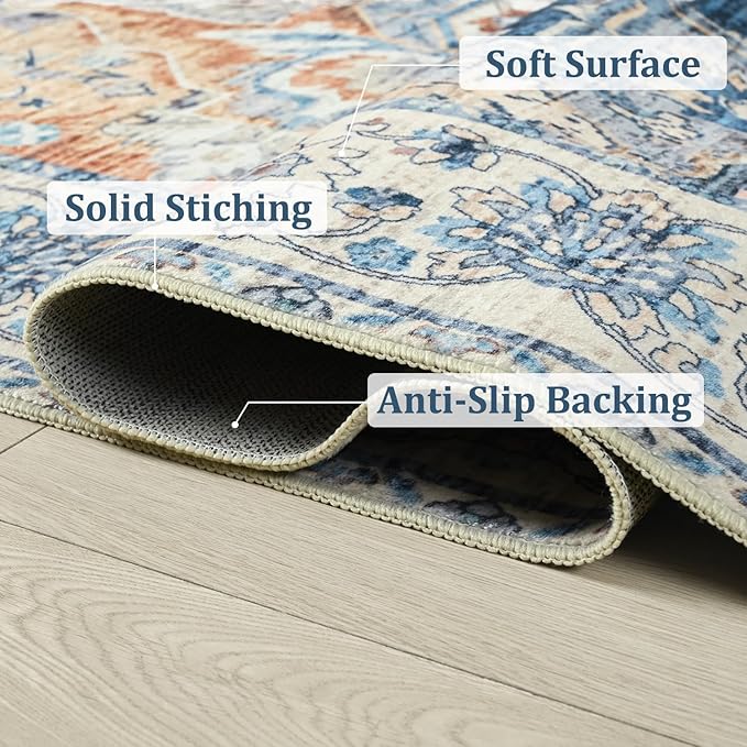 Area Rugs 4x6, Low Pile Washable Rugs, Soft Vintage Distressed Rugs for Bedroom, Living Room, Dining Room, Water Repellent, Non Shedding, Blue and Orange