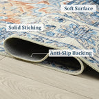 Area Rugs 4x6, Low Pile Washable Rugs, Soft Vintage Distressed Rugs for Bedroom, Living Room, Dining Room, Water Repellent, Non Shedding, Blue and Orange