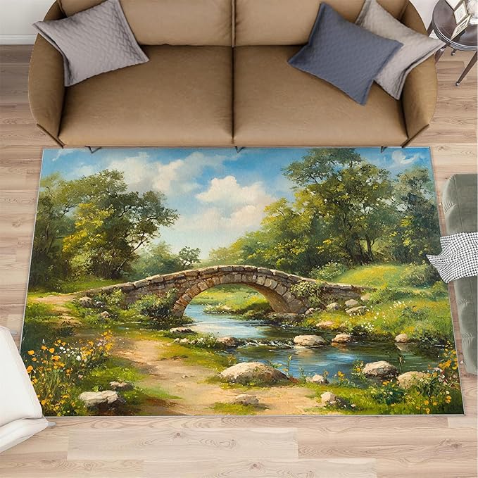 Forest Rugs for Bedroom - 5x8 Area Rug - Stone Bridge Stream Rugs for Living Room, Retro Country Style Rug, Non-Slip Washable Home Decor Carpet