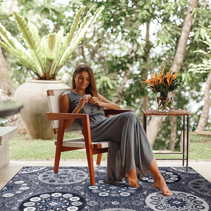 CAMILSON Indoor Outdoor Rug 10x14 Bohemian Medallion Floral Area Rugs for Indoor and Outdoor Patios Easy-Cleaning Non-Shedding Living Room Garden and Kitchen Washable Outside Carpet (10 x 14 / Navy)