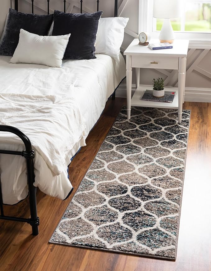 Rugs.com Lattice Frieze Collection Rug – 11 Ft Runner Blue Multi Medium-Pile Rug Perfect for Hallways, Entryways