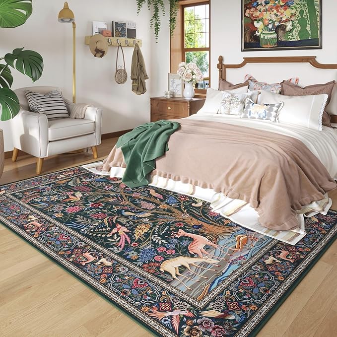 Rugcomf 8x10 Area Rugs Vibrant Tree of Life-Patterned Vintage Washable Area Rug Non Slip Low Pile Large Rug for Bedroom Farmhouse Dining Room Kids Playroom, Green