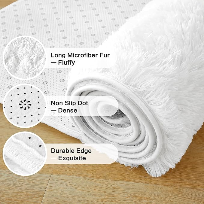 Andency White Soft Area Rugs for Living Room Bedroom, 5x8 Fluffy Shaggy Bedside Rug, Non-Slip Large Shag Fuzzy Plush Carpets for Bedroom Kids Dorm Nursery Home Decor Aesthetic