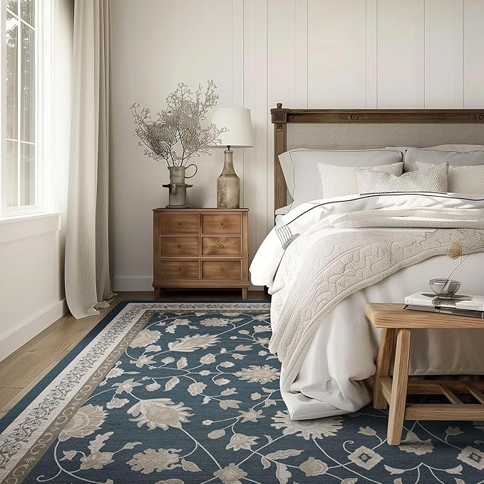 EVERGRACE Area Rugs for Living Room 9x12, Boho Floral Faux Wool Indoor Outdoor Rugs, Washable Rugs for Bedroom Dining Room Entryway Kitchen, Low Pile Floor Mat Carpet for Home Decor, Navy Blue