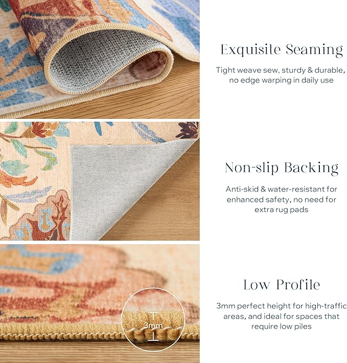Phantoscope Washable Runner Rug 2'x10' Non-Slip, Vintage Boho Hallway Rugs for Entryway, Stair, Bedroom, Fall Orange Floral Medallion Pattern, Low-Pile Foldable Floor Carpet, Rust/Multi Floral