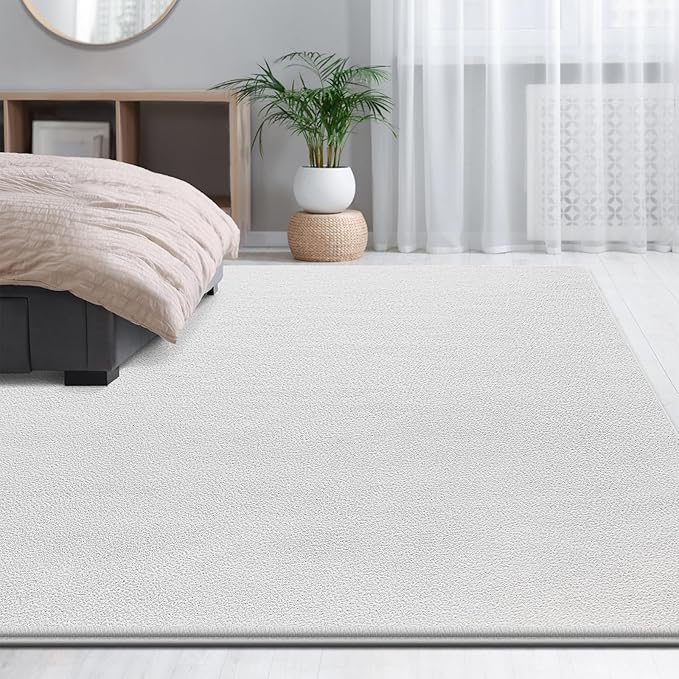 Large Area Rugs for Living Room Bedroom, 7x10 Feet White Rug, Minimalist Modern Shag Rug, Soft Thick Comfy Memory Foam Indoor Carpet, Non-Slip Washable Rug for Boys Girls Dorm Nursery Room Home Decor
