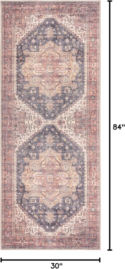 GLN Rugs Traditional Collection - Machine Washable Area Rug, Traditional Washable, Non Slip, Low Pile Chenille Rug, Living Room, Bedroom, Kitchen Rug (2'6" x 7' Black/Terra)