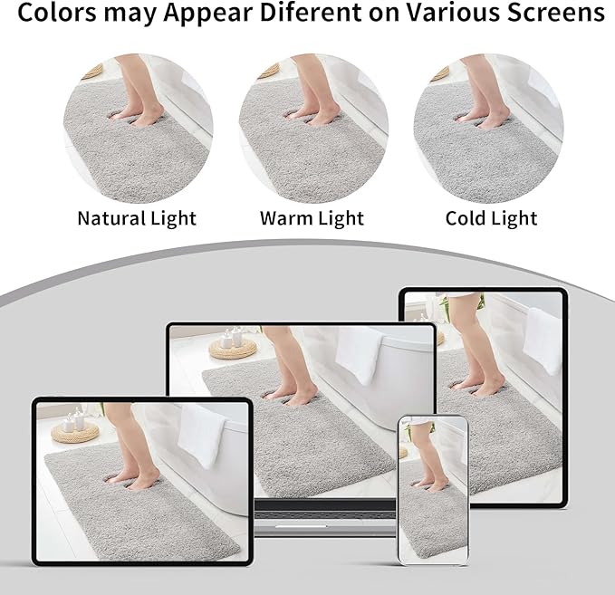 Gray Bathroom Rug 24x48 Non Slip Fluffy Bath Mat for Bathroom Floor Washable Plush Luxury Bath Rug for Tub Soft Shaggy Absorbent Shower Sink Mat
