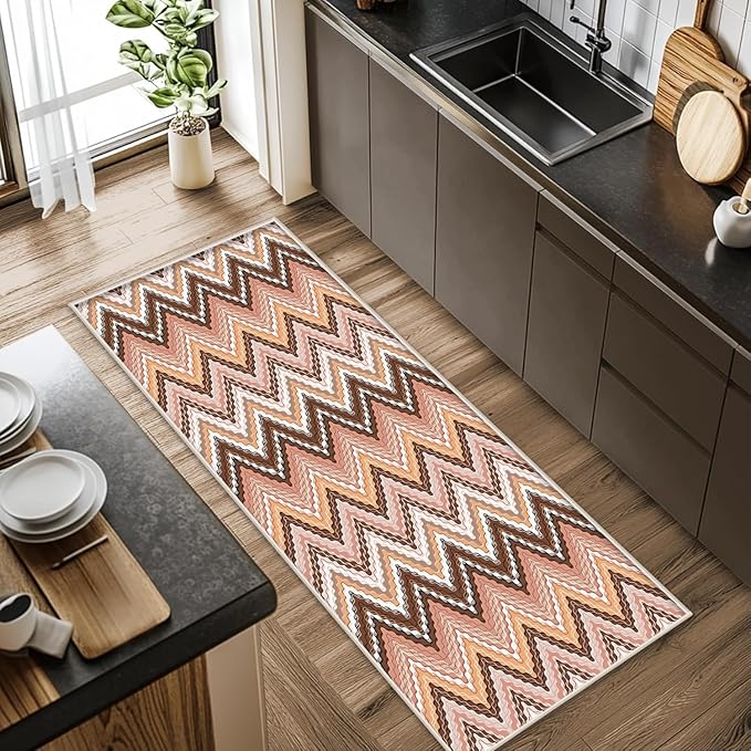 Brown Pink White Wave Runner Rug, 1.3x7ft Soft Tone Hallway Decor Carpet - Modern Home Corridor & Foyer Long Rug Non-Slip Mat, Washable Flannel Material, Bedroom Stylish Accent Rugs