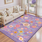 Floral 5x7 Area Rug Machine Washable Soft Print Boho Carpet Non Slip Doormat Low Pile Flower Area Rugs for Living Room Bedroom Nursery Kitchen Dining Room Indoor-Purple/Pink/Multi