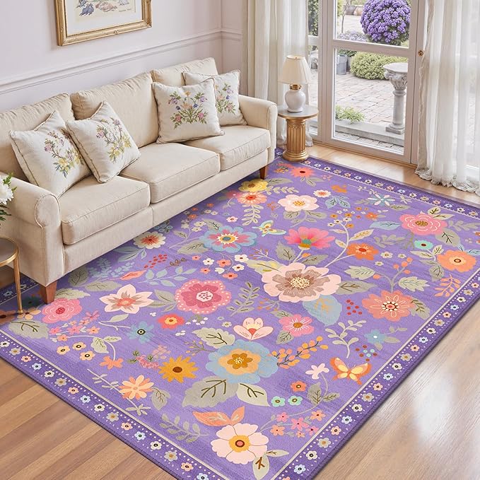 Floral 5x7 Area Rug Machine Washable Soft Print Boho Carpet Non Slip Doormat Low Pile Flower Area Rugs for Living Room Bedroom Nursery Kitchen Dining Room Indoor-Purple/Pink/Multi