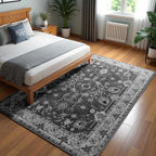 Area Rug 5x7, Washable Faux Wool Throw Rugs for Living Room, 0.3″ Non Slip Low Pile Vintage Boho Carpet for Ding Room, Home Office, Bedroom, Kids Room, Bedside (Black)