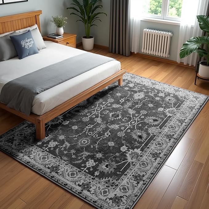 Area Rug 5x7, Washable Faux Wool Throw Rugs for Living Room, 0.3″ Non Slip Low Pile Vintage Boho Carpet for Ding Room, Home Office, Bedroom, Kids Room, Bedside (Black)
