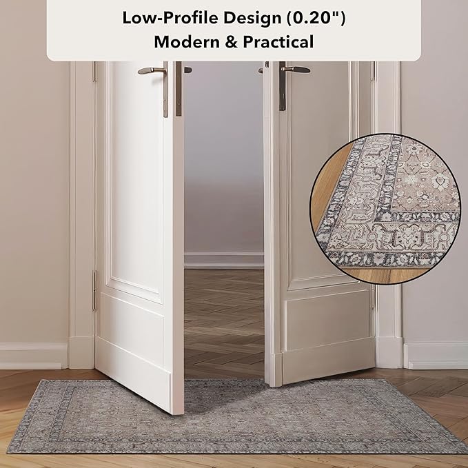 Kuden 4x6 Area Rug, Machine Washable Area Rug with Non-Slip Backing, Vintage Style, Soft, Easy Clean, Low Pile Rug for Living Room, Bedroom, Dining Room