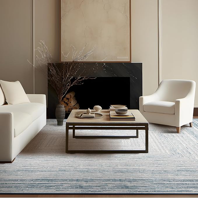 Phantoscope Washable Area Rug 4'x6' Non-Slip, Modern Neutral Boho Rugs for Living Room, Bedroom, DiningRoom, Distressed Geometric Rectangle Pattern, Low-Pile Foldable Floor Carpet, Coastal Blue/Grey