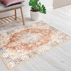 MUJOO 2'x3' Rugs Machine Washable Area Rugs for Entryway Boho Rug for Bathroom Kitchen Non Slip Carpet Abstract Soft Low-Pile Orange Navy Blue Area Rug Floral