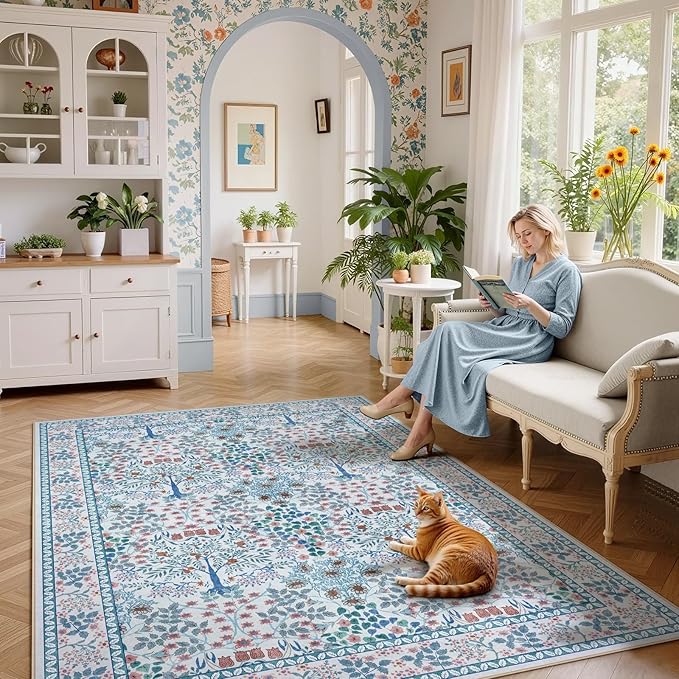 5x7 Area Rugs Living Room Rug - Floral Vintage Morris-Inspired Washable Carpet, Low Pile Non-Shedding Stain Resistance Boho Soft Carpet for Bedroom, Dining Room, Office, Farmhouse (5'x7' Blue/Pink)