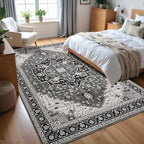 5x7 Black Grey Area Rug for Living Room, Machine Washable Rugs with Non-Slip Backing for Bedroom, Vintage Medallion Carpet Dining Room Office Kids Room Decor