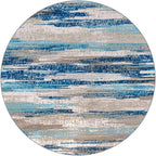 Modern Abstract Round Rug 5Ft, Blue Round Rug Washable Non-Slip Soft Small Circle Rug, Circular Dining Room Rugs Thin Print Faux Wool Carpet for Bedroom Living Room Office Playroom