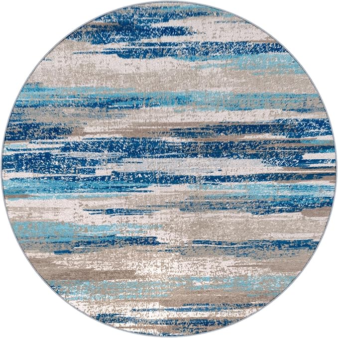 Modern Abstract Round Rug 3Ft, Blue Round Rug Washable Non-Slip Soft Small Circle Rug, Circular Entryway Rugs Thin Print Faux Wool Carpet Accent Rug for Bedroom Living Room Office Under Desk